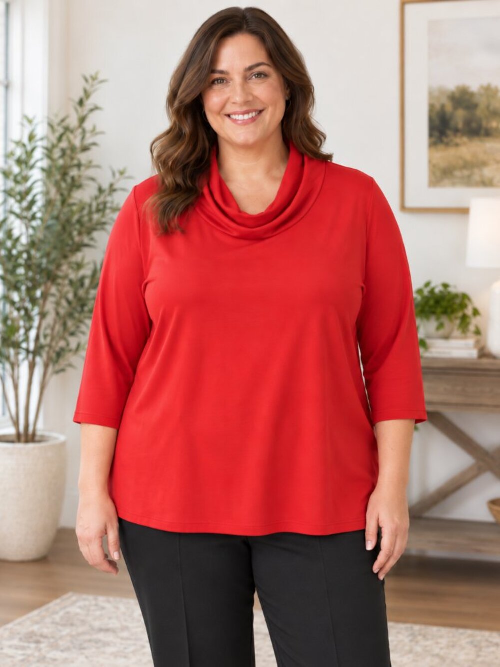 Anxiety Cafe Red Turtleneck Top 22W | Stretchy Knit 3/4 Sleeve